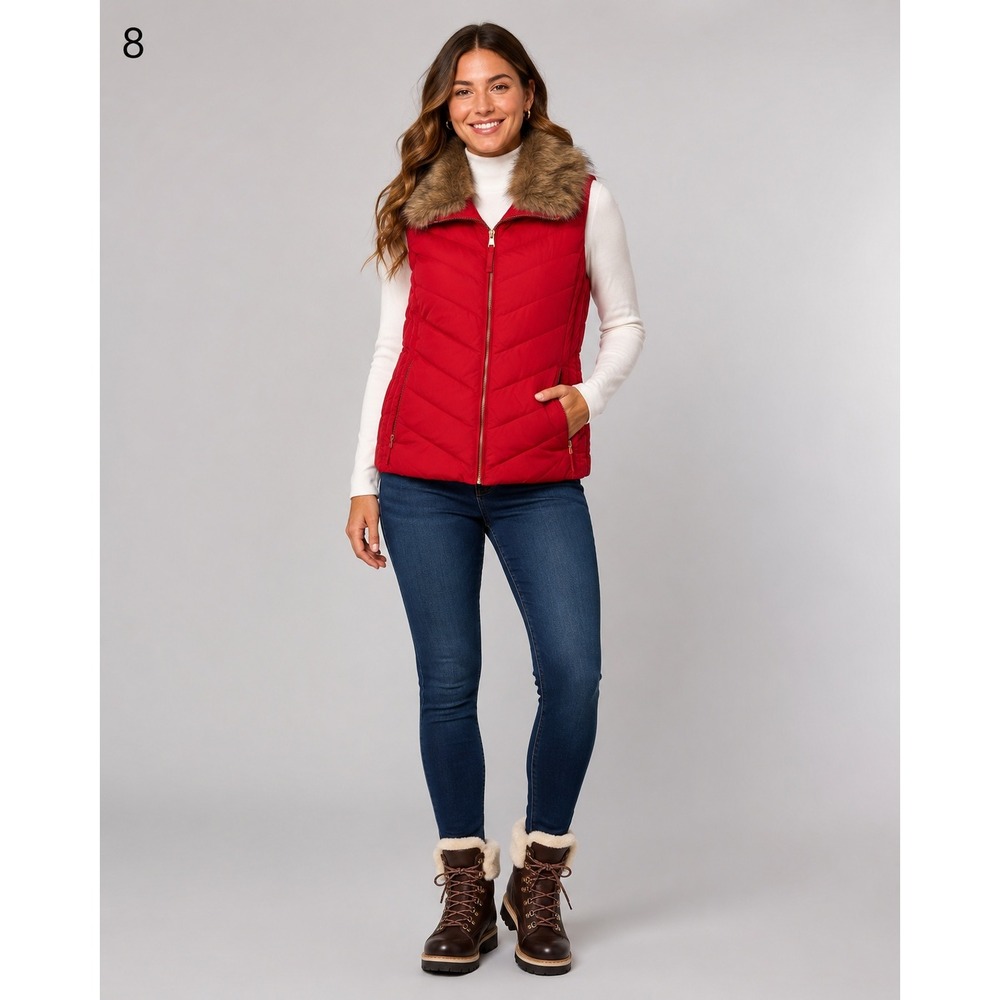 Talbots Puffer Down Vest Womens Medium Petite Red Faux Fur Trim Zip Pockets